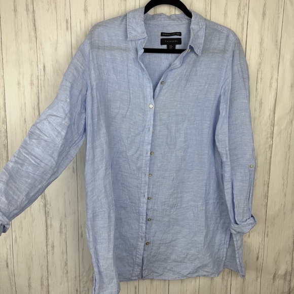 Tahari 100% linen Blue Button Down Shirt Medium - Picture 1 of 5